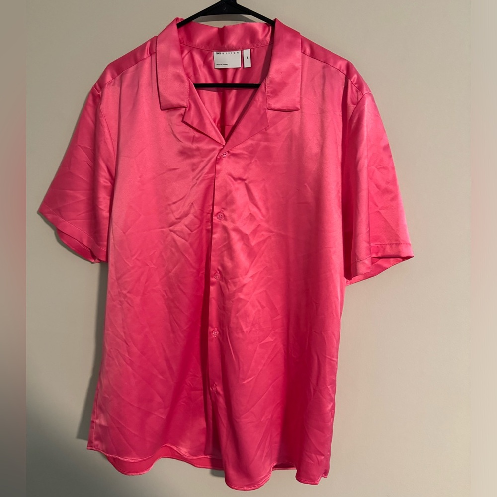 ASOS men’s pink satin short sleeve button up shirt
